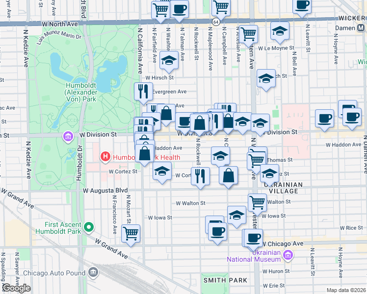 map of restaurants, bars, coffee shops, grocery stores, and more near 2625 West Division Street in Chicago