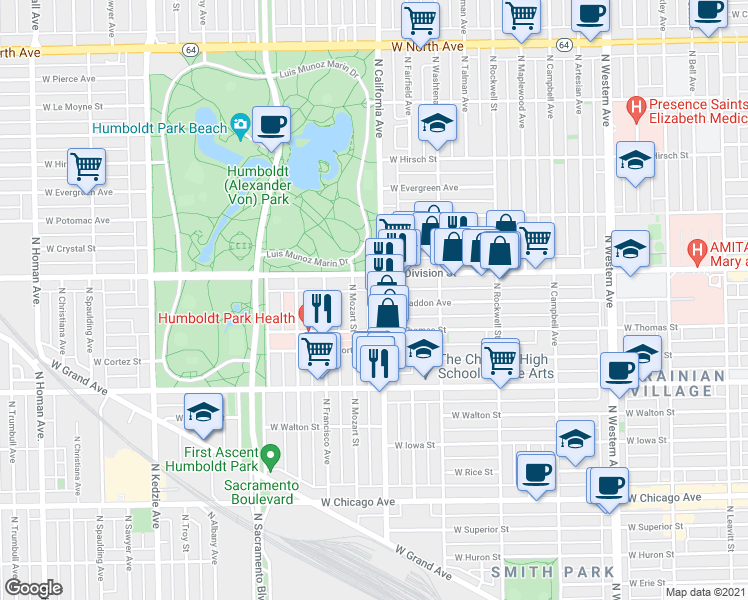 map of restaurants, bars, coffee shops, grocery stores, and more near 2801 West Division Street in Chicago
