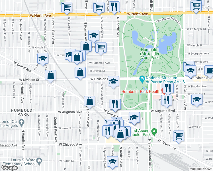 map of restaurants, bars, coffee shops, grocery stores, and more near 3299 West Division Street in Chicago