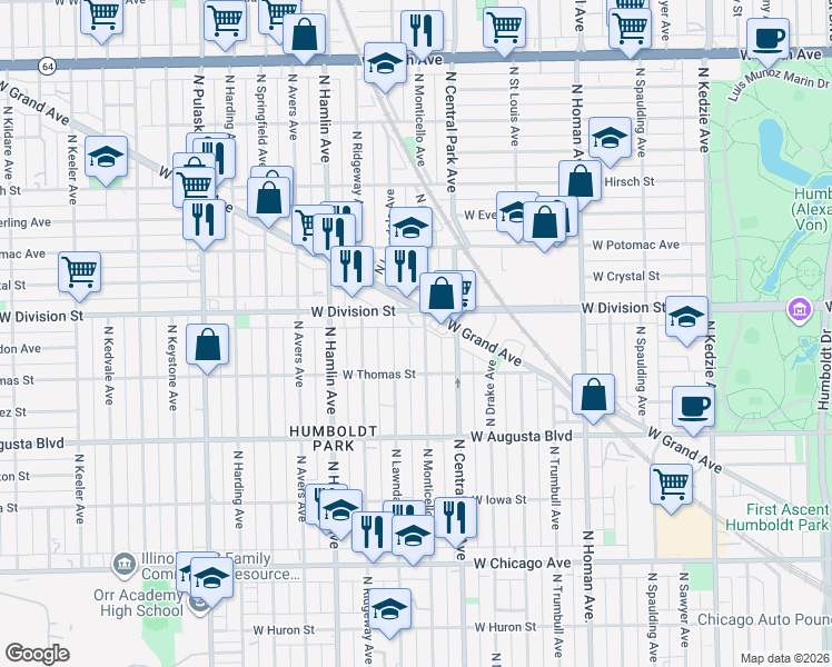 map of restaurants, bars, coffee shops, grocery stores, and more near in Chicago