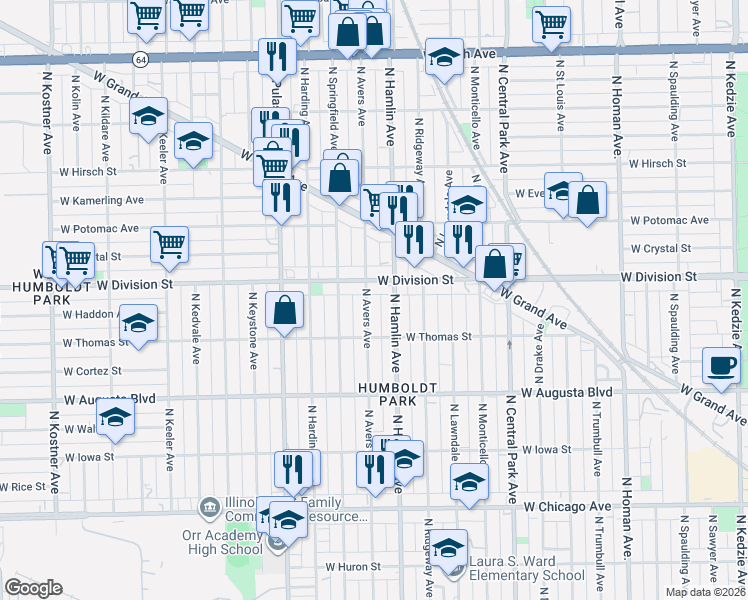 map of restaurants, bars, coffee shops, grocery stores, and more near 3841 West Division Street in Chicago