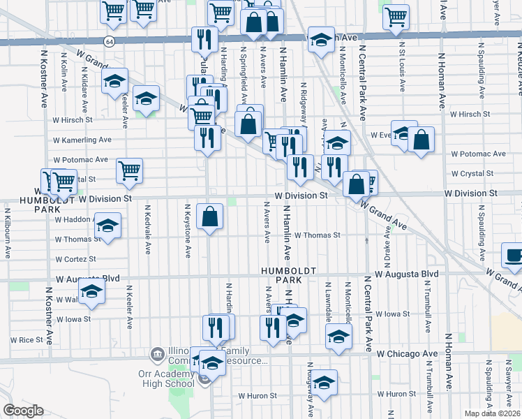 map of restaurants, bars, coffee shops, grocery stores, and more near 3841 West Division Street in Chicago