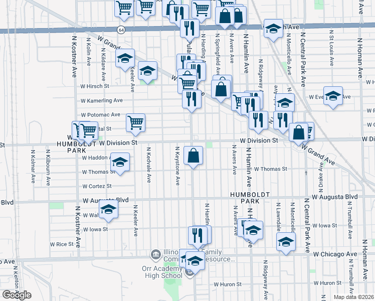 map of restaurants, bars, coffee shops, grocery stores, and more near in Chicago