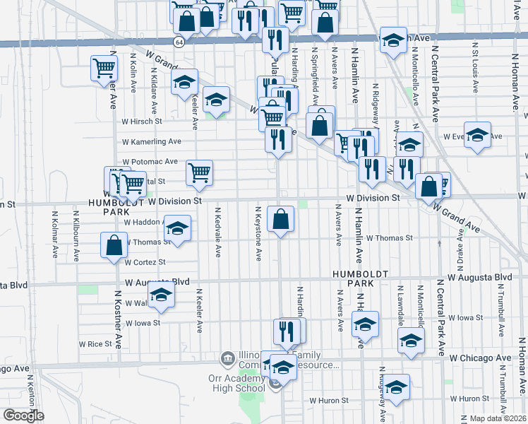 map of restaurants, bars, coffee shops, grocery stores, and more near 1157 North Keystone Avenue in Chicago