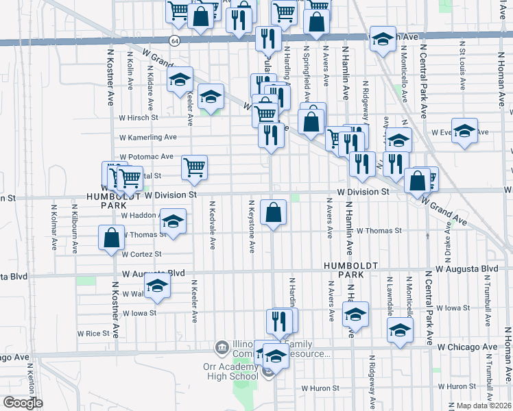 map of restaurants, bars, coffee shops, grocery stores, and more near 1157 North Keystone Avenue in Chicago