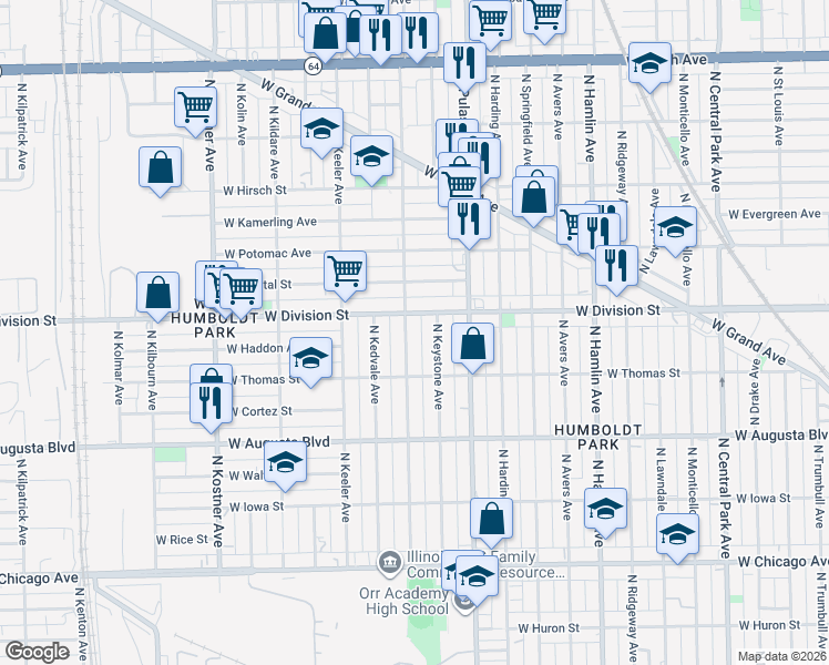 map of restaurants, bars, coffee shops, grocery stores, and more near 1156 North Karlov Avenue in Chicago