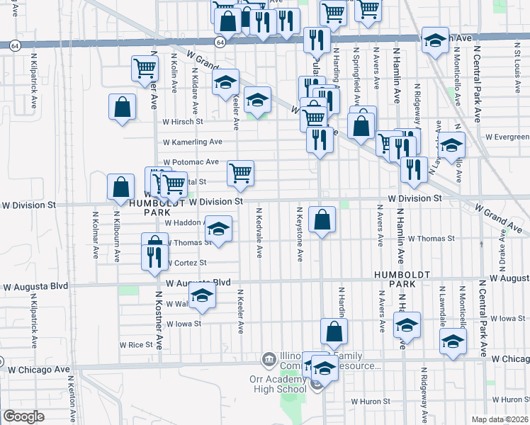 map of restaurants, bars, coffee shops, grocery stores, and more near 1156 North Karlov Avenue in Chicago