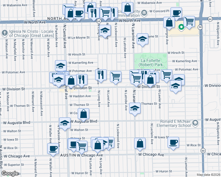 map of restaurants, bars, coffee shops, grocery stores, and more near 5314 West Division Street in Chicago