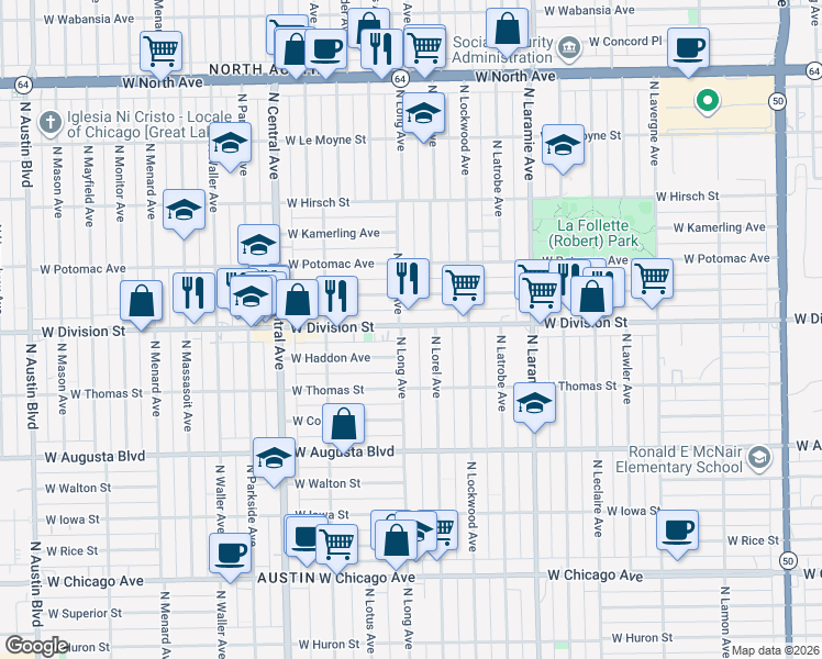 map of restaurants, bars, coffee shops, grocery stores, and more near 5360 West Division Street in Chicago