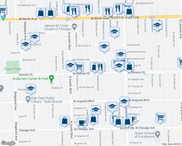 map of restaurants, bars, coffee shops, grocery stores, and more near 1212 North Menard Avenue in Chicago