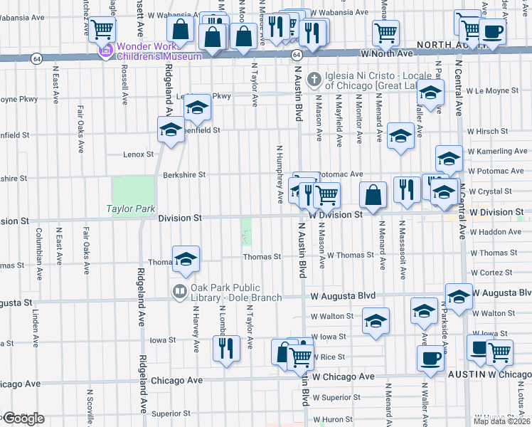 map of restaurants, bars, coffee shops, grocery stores, and more near 915 North Humphrey Avenue in Oak Park