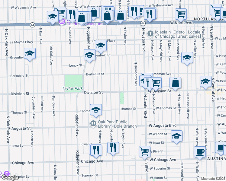 map of restaurants, bars, coffee shops, grocery stores, and more near 914 North Lombard Avenue in Oak Park