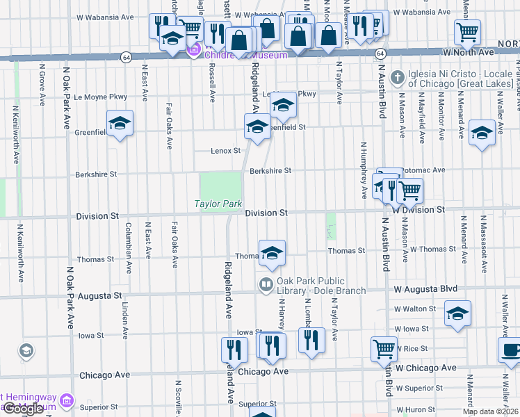 map of restaurants, bars, coffee shops, grocery stores, and more near 915 North Harvey Avenue in Oak Park