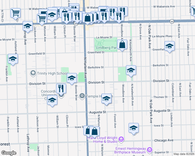 map of restaurants, bars, coffee shops, grocery stores, and more near 922 North Marion Street in Oak Park