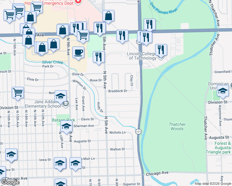 map of restaurants, bars, coffee shops, grocery stores, and more near 341 Braddock Drive in Melrose Park