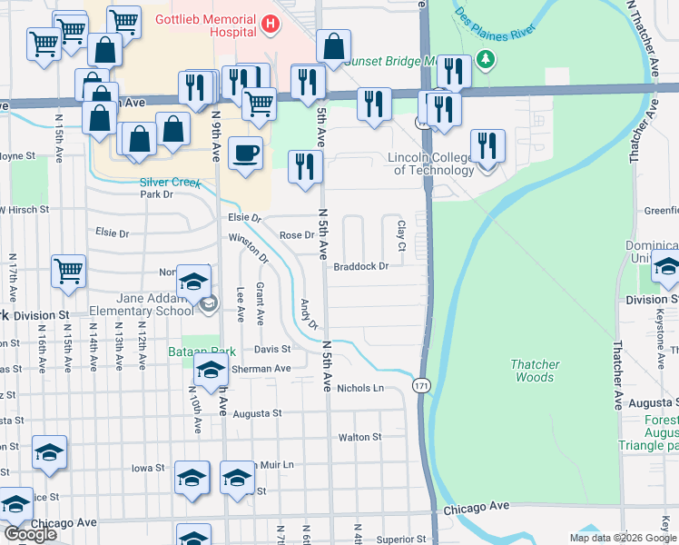 map of restaurants, bars, coffee shops, grocery stores, and more near 341 Braddock Drive in Melrose Park