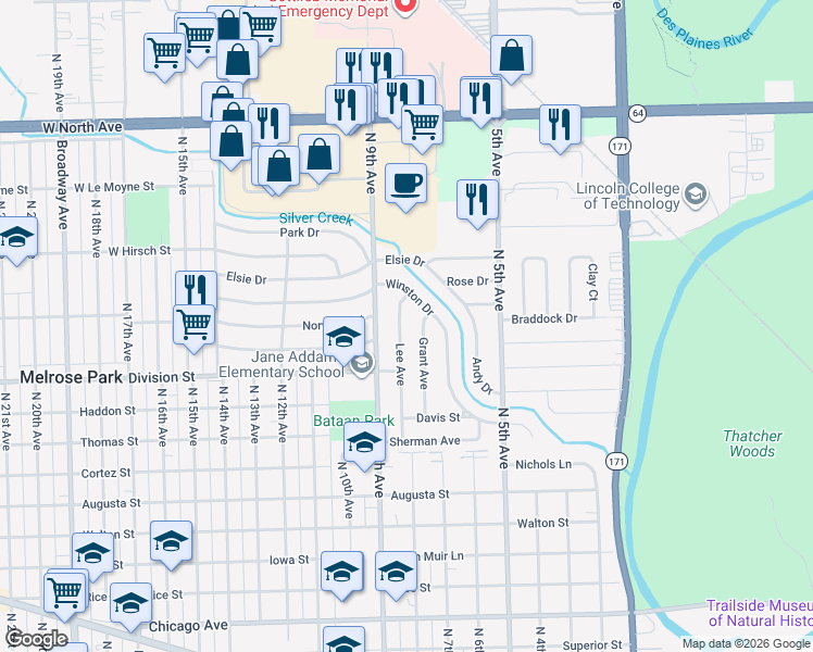 map of restaurants, bars, coffee shops, grocery stores, and more near 720 Winston Drive in Melrose Park