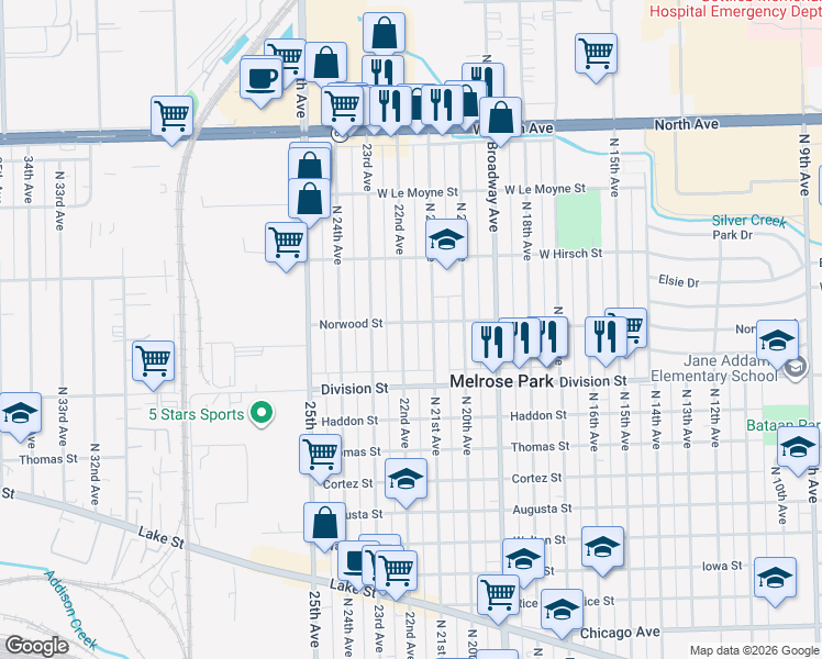 map of restaurants, bars, coffee shops, grocery stores, and more near 1600 North 22nd Avenue in Melrose Park