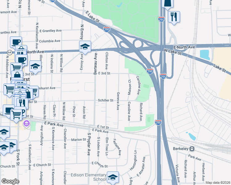 map of restaurants, bars, coffee shops, grocery stores, and more near 213 Clinton Avenue in Elmhurst