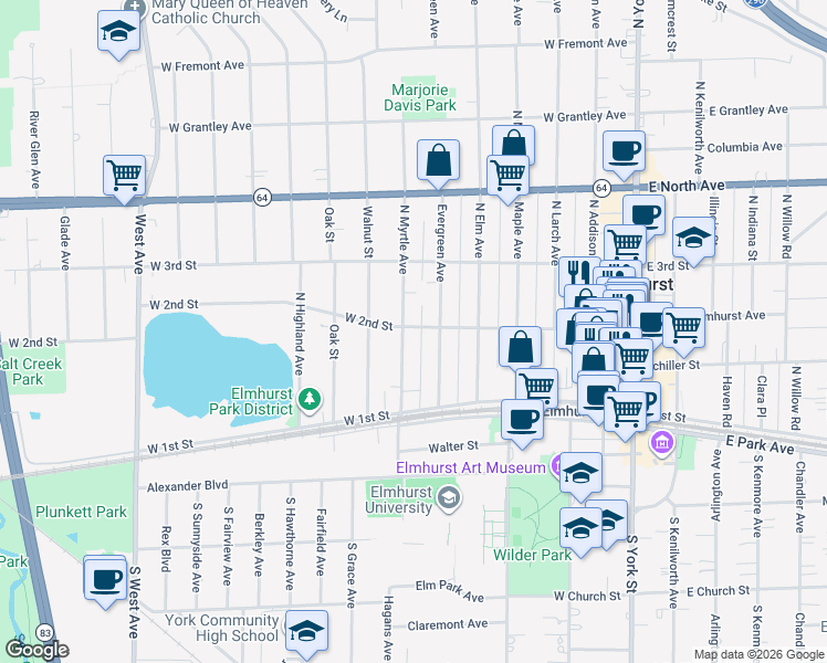 map of restaurants, bars, coffee shops, grocery stores, and more near 170 Evergreen Avenue in Elmhurst