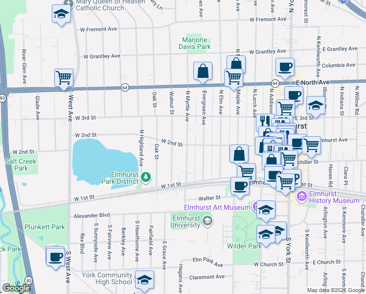 map of restaurants, bars, coffee shops, grocery stores, and more near 172 North Myrtle Avenue in Elmhurst