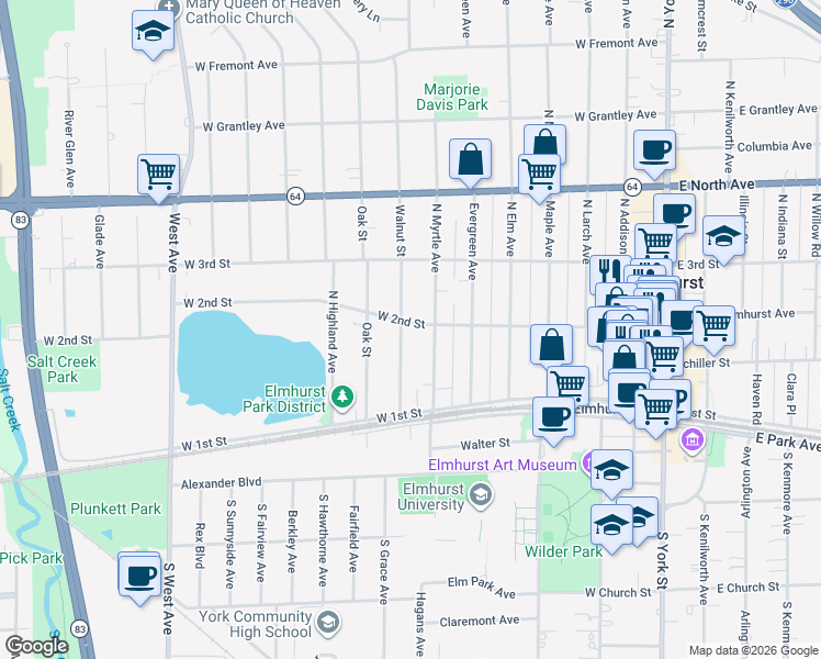 map of restaurants, bars, coffee shops, grocery stores, and more near 172 North Myrtle Avenue in Elmhurst
