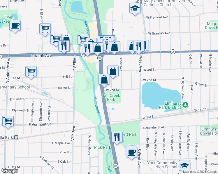 map of restaurants, bars, coffee shops, grocery stores, and more near 187 Illinois 83 in Elmhurst