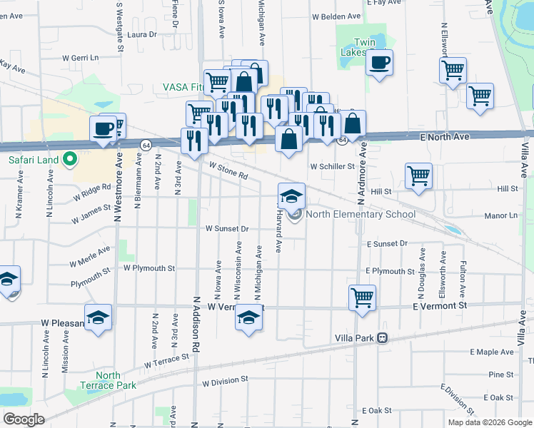 map of restaurants, bars, coffee shops, grocery stores, and more near 642 North Harvard Avenue in Villa Park