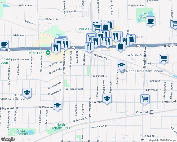 map of restaurants, bars, coffee shops, grocery stores, and more near 650 North Addison Road in Villa Park