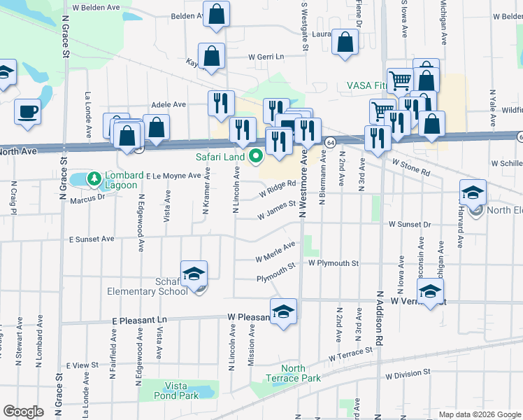 map of restaurants, bars, coffee shops, grocery stores, and more near 705 West Ridge Road in Villa Park
