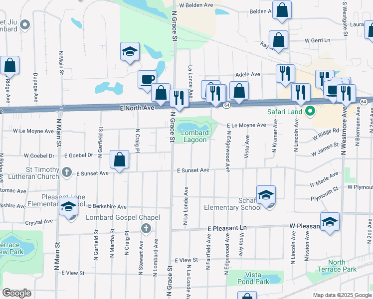 map of restaurants, bars, coffee shops, grocery stores, and more near 435 Marcus Drive in Lombard