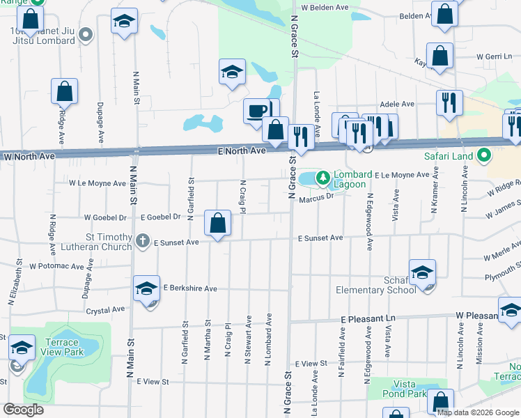 map of restaurants, bars, coffee shops, grocery stores, and more near 650 North Lombard Avenue in Lombard