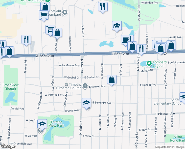 map of restaurants, bars, coffee shops, grocery stores, and more near 653 North Charlotte Street in Lombard