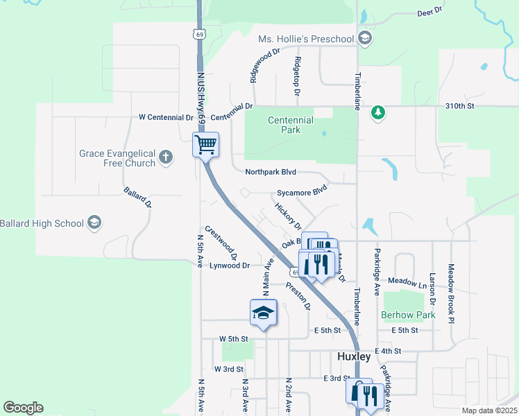 map of restaurants, bars, coffee shops, grocery stores, and more near 821 Hickory Drive in Huxley