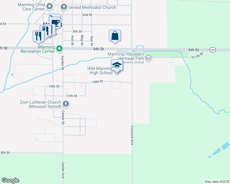 map of restaurants, bars, coffee shops, grocery stores, and more near 11th Street in Manning