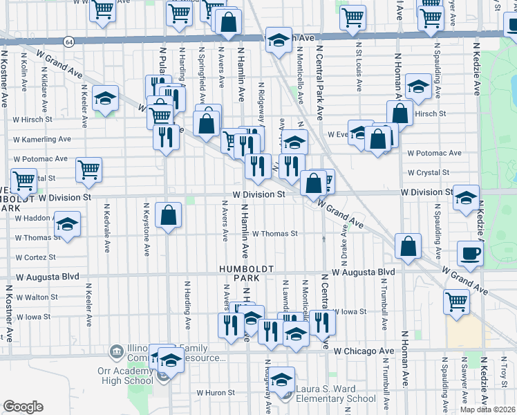 map of restaurants, bars, coffee shops, grocery stores, and more near 3725 West Division Street in Chicago