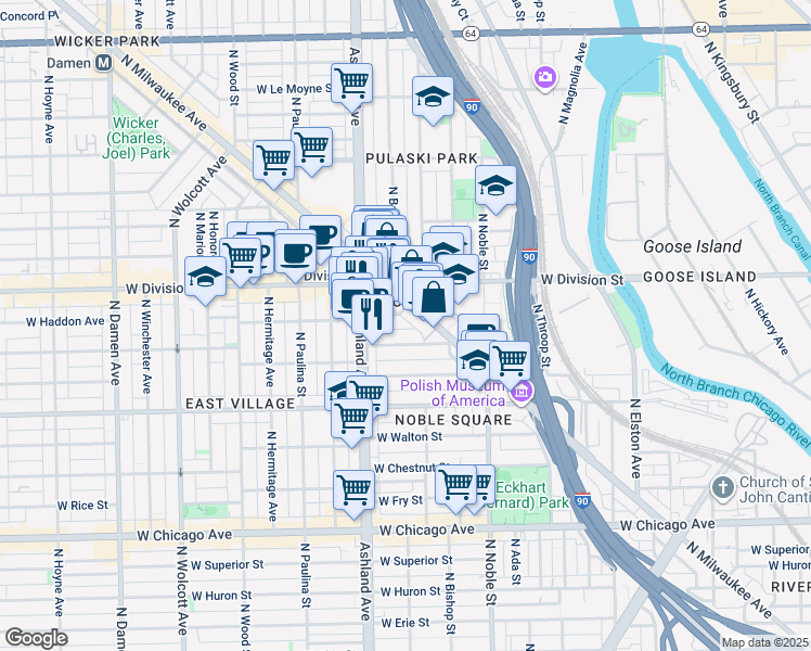 map of restaurants, bars, coffee shops, grocery stores, and more near 1515 West Haddon Avenue in Chicago