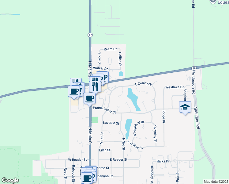 map of restaurants, bars, coffee shops, grocery stores, and more near 221 East Conley Drive in Elburn