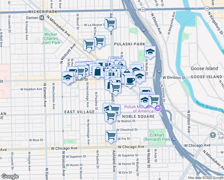 map of restaurants, bars, coffee shops, grocery stores, and more near 1118 North Ashland Avenue in Chicago