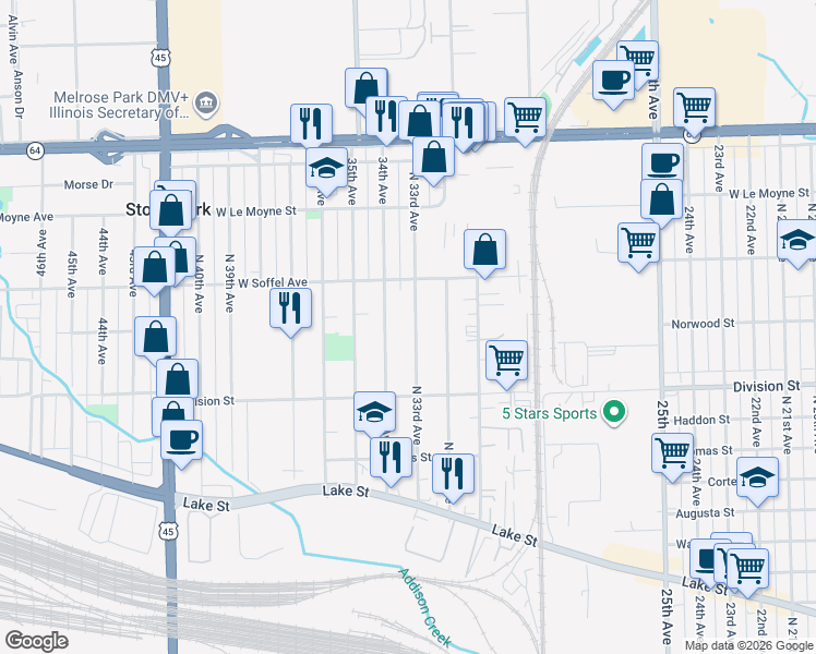 map of restaurants, bars, coffee shops, grocery stores, and more near 1602 North 33rd Avenue in Melrose Park