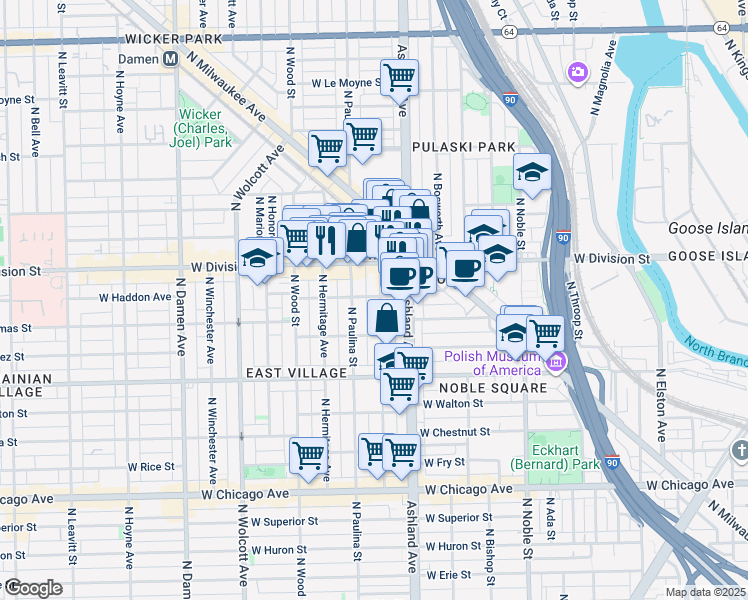 map of restaurants, bars, coffee shops, grocery stores, and more near 1086 North Marshfield Avenue in Chicago