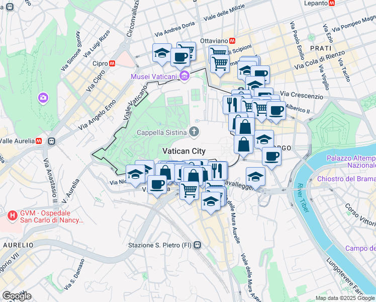 map of restaurants, bars, coffee shops, grocery stores, and more near in Città del Vaticano