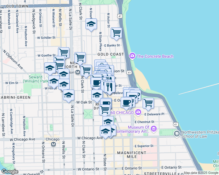map of restaurants, bars, coffee shops, grocery stores, and more near 19 East Cedar Street in Chicago