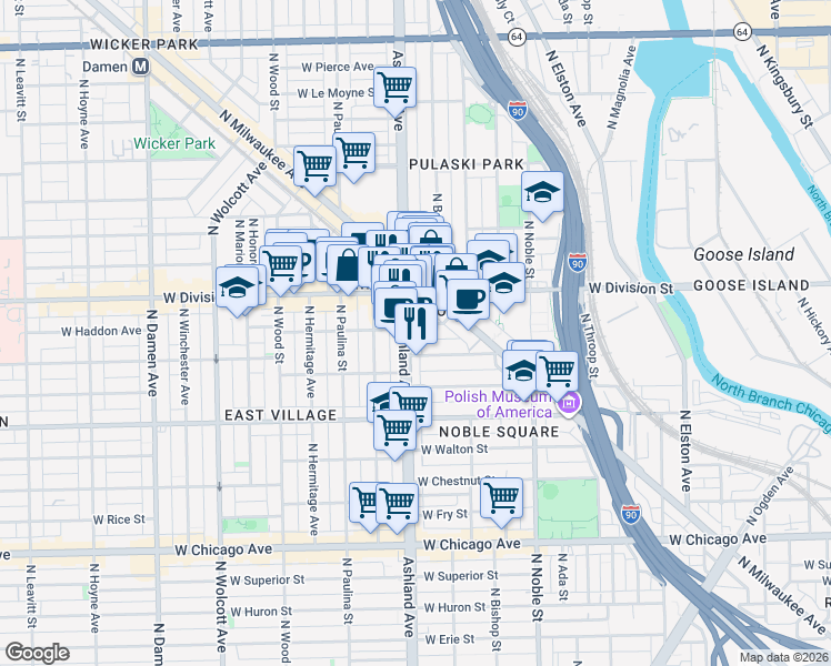 map of restaurants, bars, coffee shops, grocery stores, and more near 1132 North Ashland Avenue in Chicago