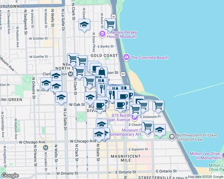 map of restaurants, bars, coffee shops, grocery stores, and more near 55 East Cedar Street in Chicago