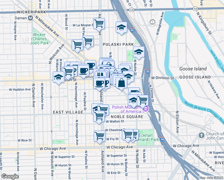 map of restaurants, bars, coffee shops, grocery stores, and more near 1515 West Haddon Avenue in Chicago