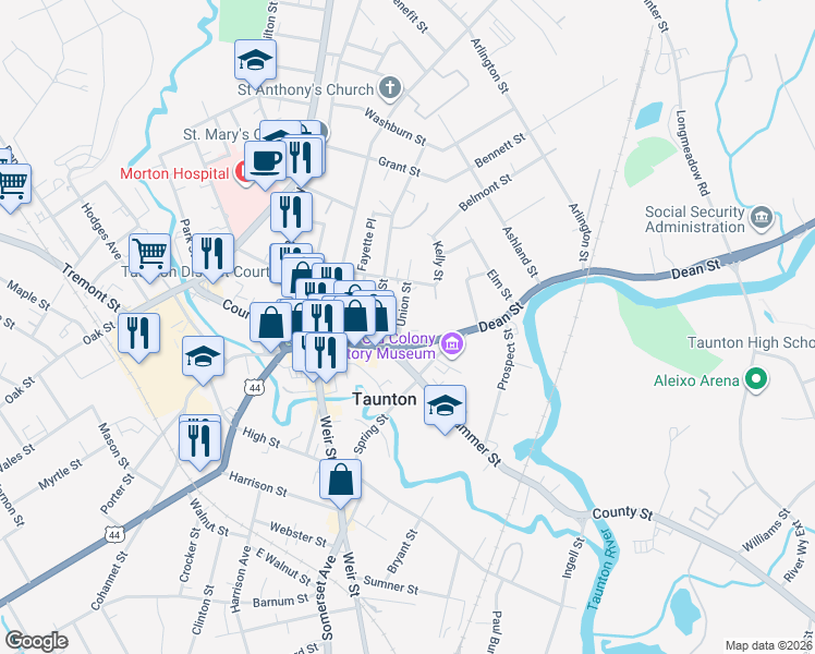 map of restaurants, bars, coffee shops, grocery stores, and more near 18 Union Street in Taunton
