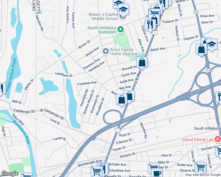 map of restaurants, bars, coffee shops, grocery stores, and more near 441 Robinson Avenue in Attleboro