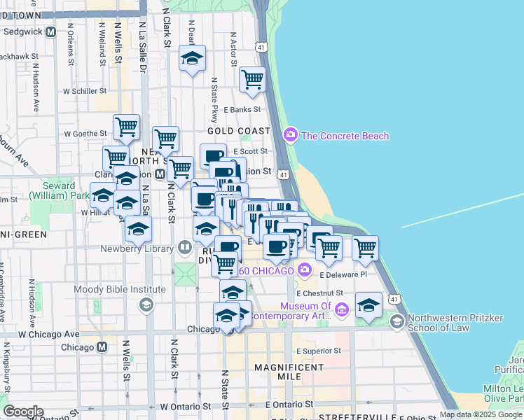 map of restaurants, bars, coffee shops, grocery stores, and more near 70 East Cedar Street in Chicago