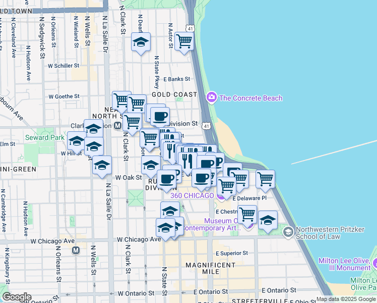 map of restaurants, bars, coffee shops, grocery stores, and more near 70 East Cedar Street in Chicago